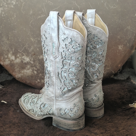 CORRAL A3435 Green Glitter Inlay & Crystals Square Toe Wedding cowgirl boots 7.5 - Picture 3 of 16